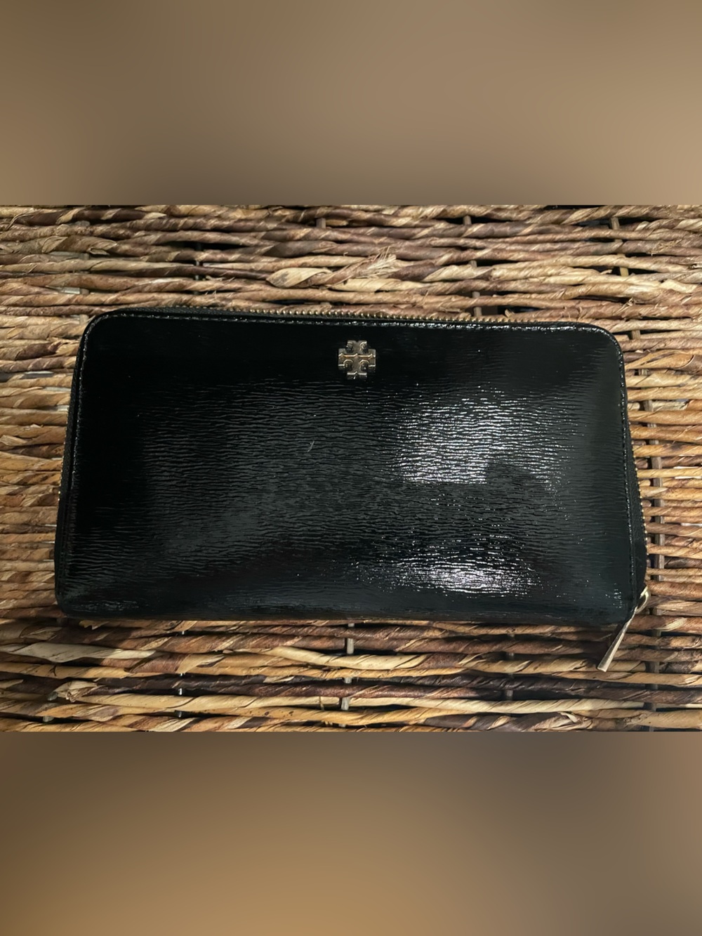 Tory Burch Black Patent Leather Zip-Around Wallet with Gold Logo